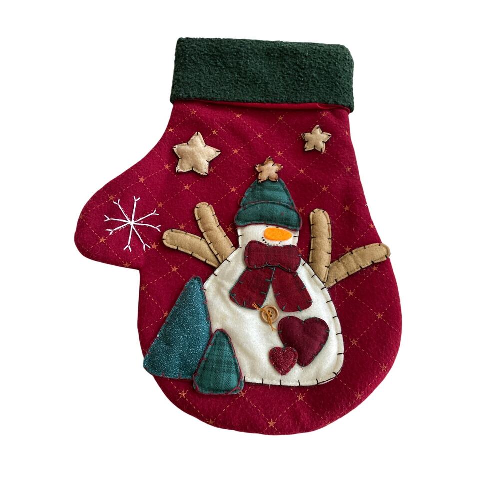 Vintage 18" Large Christmas Mitten Stocking 3D Embroidered Snowman Artsy